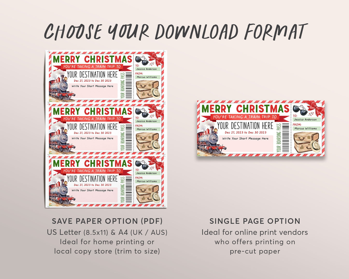 Christmas Train Ticket Boarding Pass Editable Template, Surprise Weekend Getaway Vacation Travel Gift Certificate, Pack Your Bags Holiday