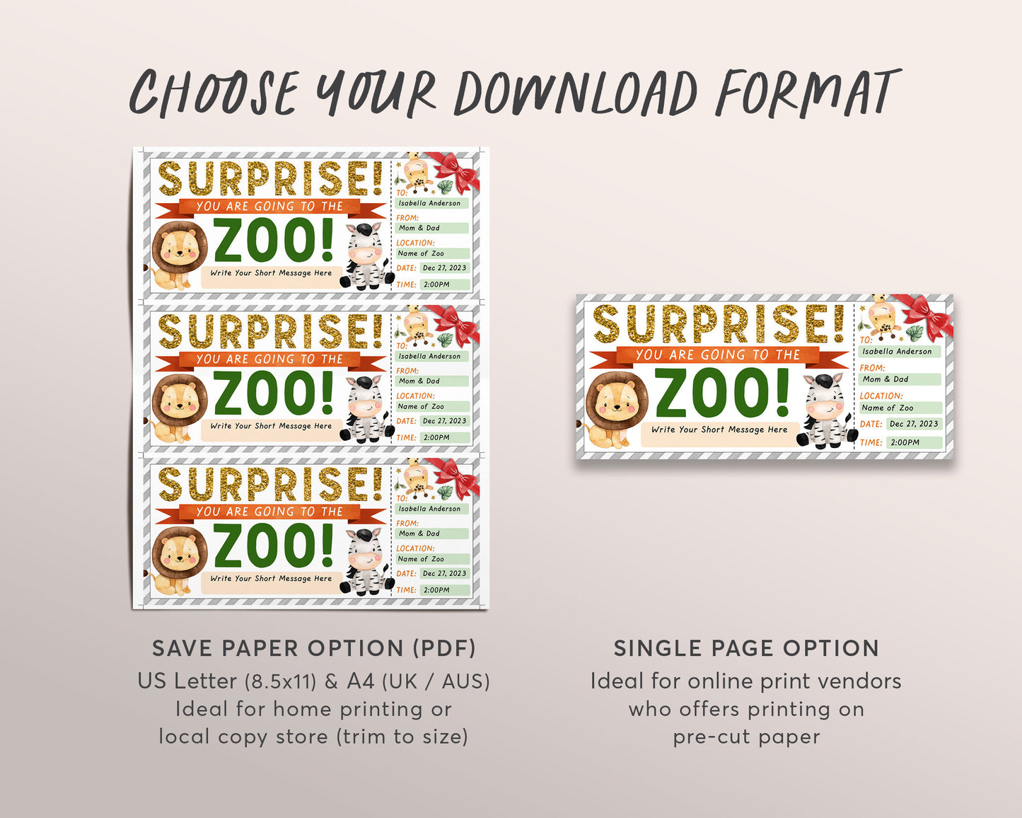 Zoo Ticket Editable Template, Surprise Birthday Gift For Kids, Zoo Membership Holiday Present, Safari Day Trip Animal Park Gift Certificate