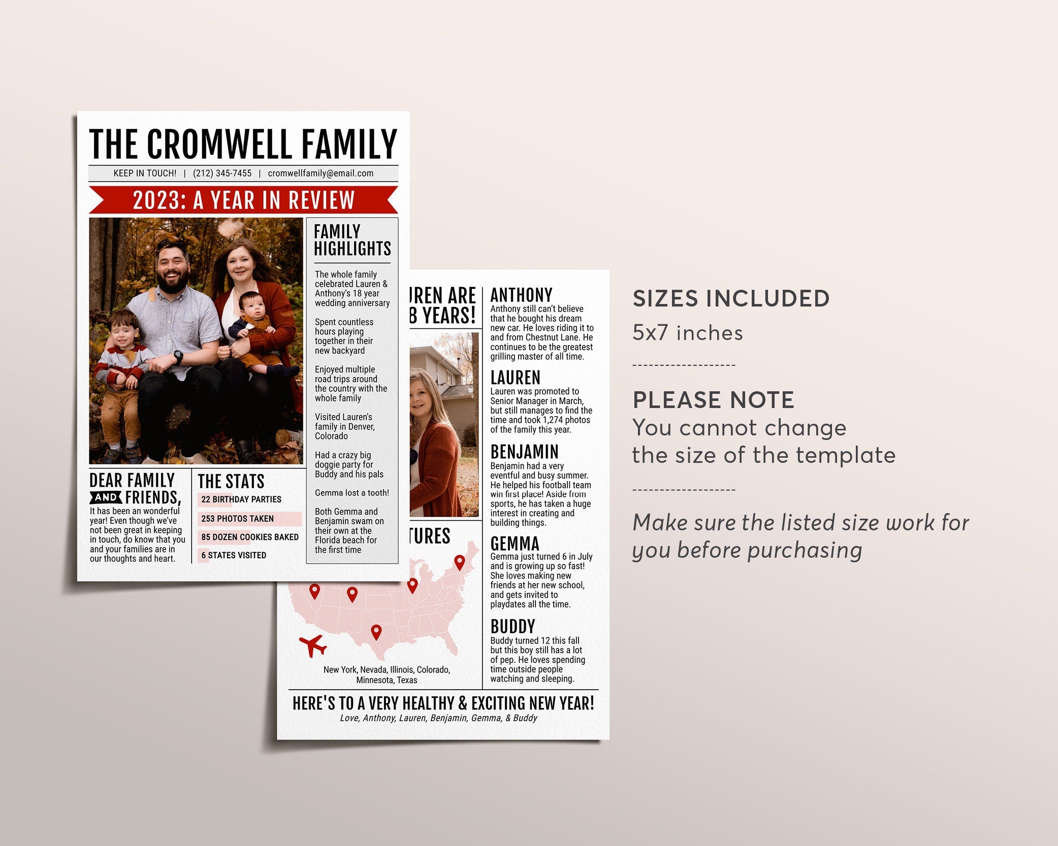 Year in Review 5x7 Christmas Newsletter Editable Template, Year at a G ...