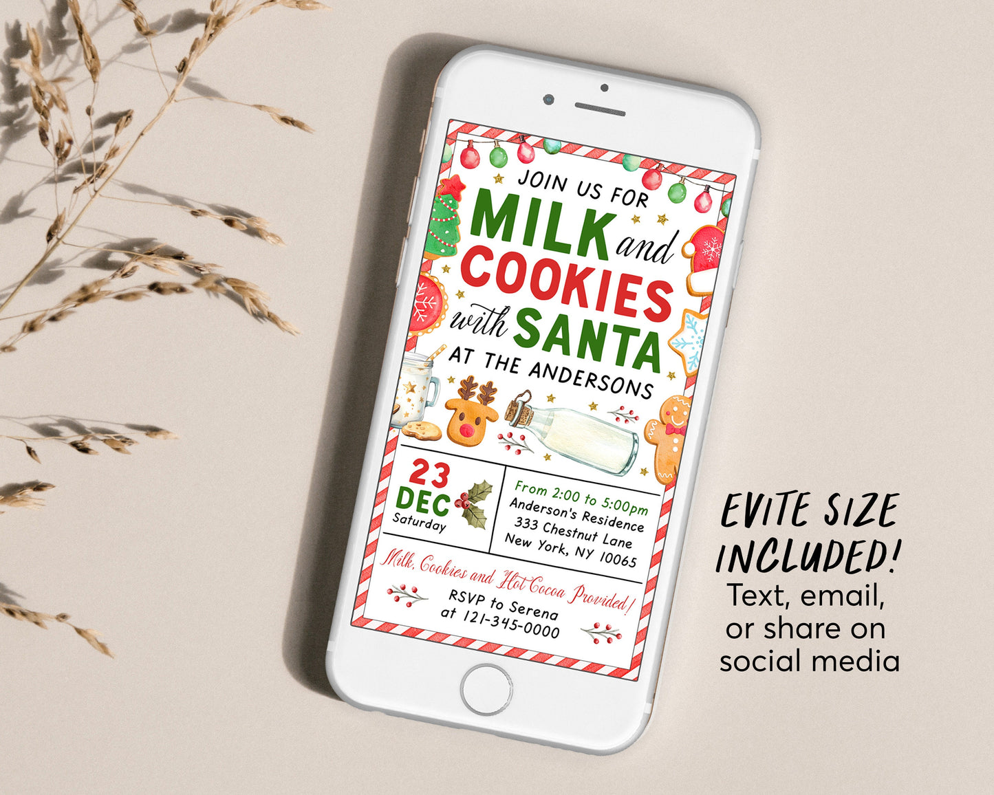 Milk and Cookies With Santa Invitation Editable Template, Christmas Party Cookie Decorating For Kids Invite, Holiday Cookie Exchange Party