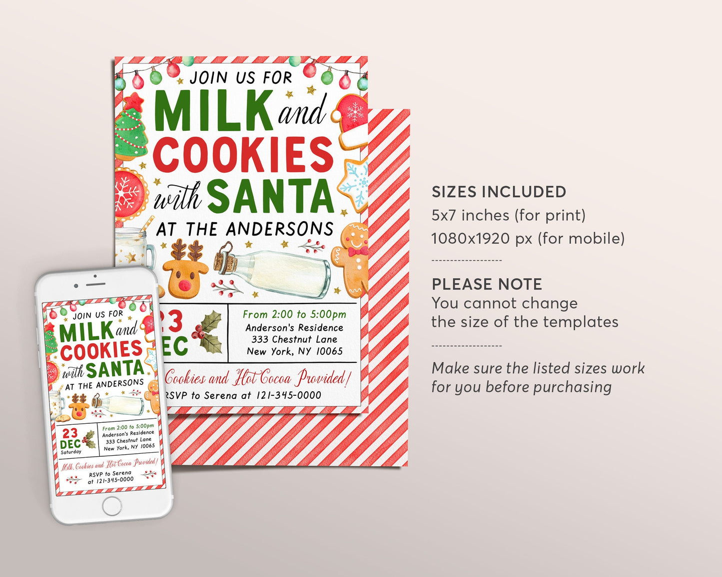 Milk and Cookies With Santa Invitation Editable Template, Christmas Party Cookie Decorating For Kids Invite, Holiday Cookie Exchange Party