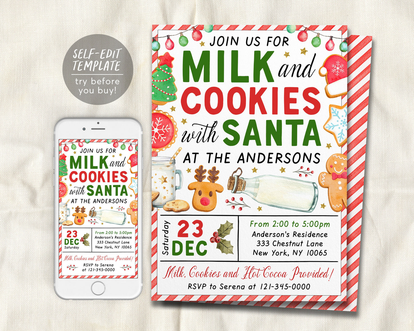 Milk and Cookies With Santa Invitation Editable Template