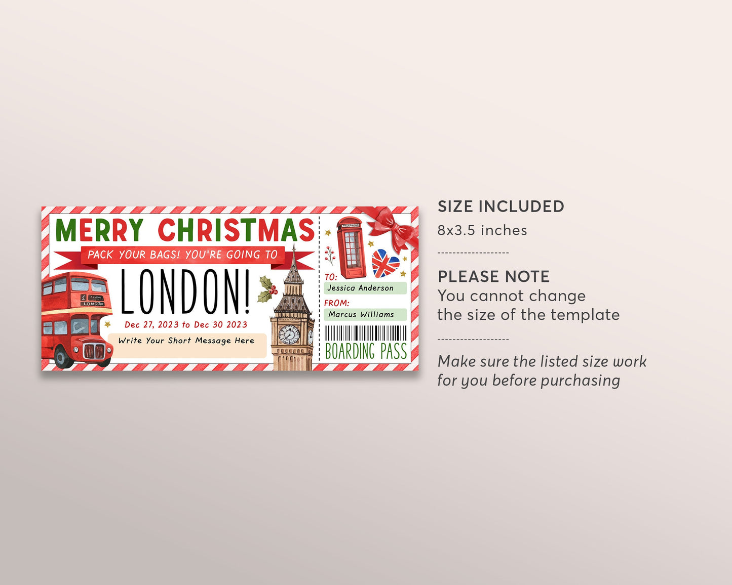 London Surprise Gift Ticket Boarding Pass Editable Template, Christmas Travel Vacation Plane Ticket Certificate, England Holiday Trip Reveal