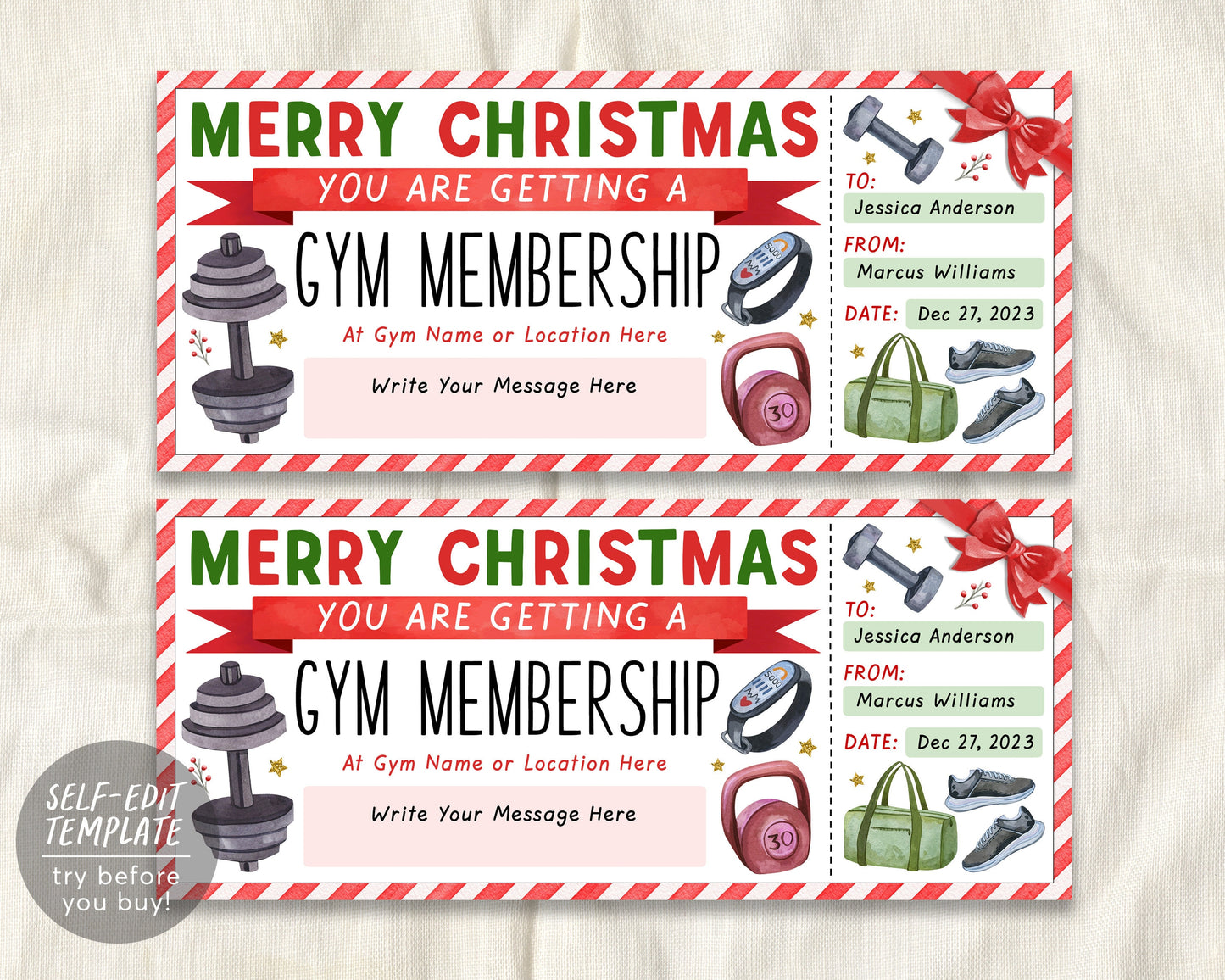 Christmas Gym Membership Ticket Editable Template