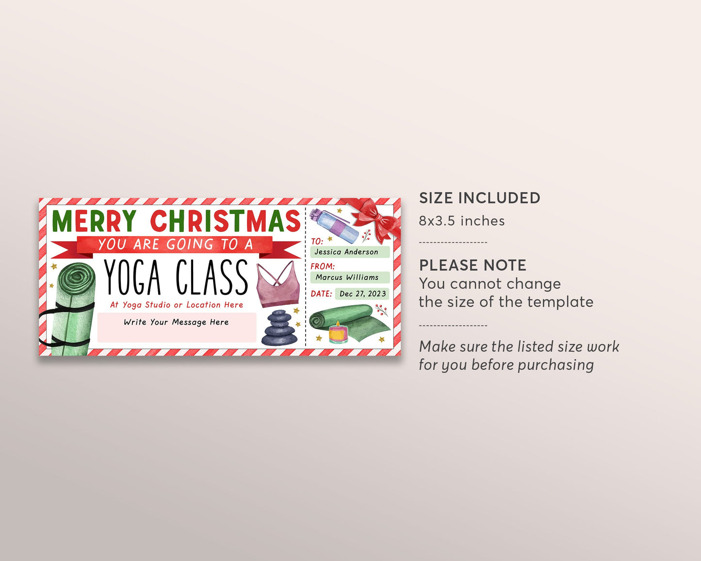 Christmas Yoga Classes Ticket Editable Template, Surprise Yoga Studio Membership Voucher Gift Certificate, Holiday Yoga Lessons Class Pass