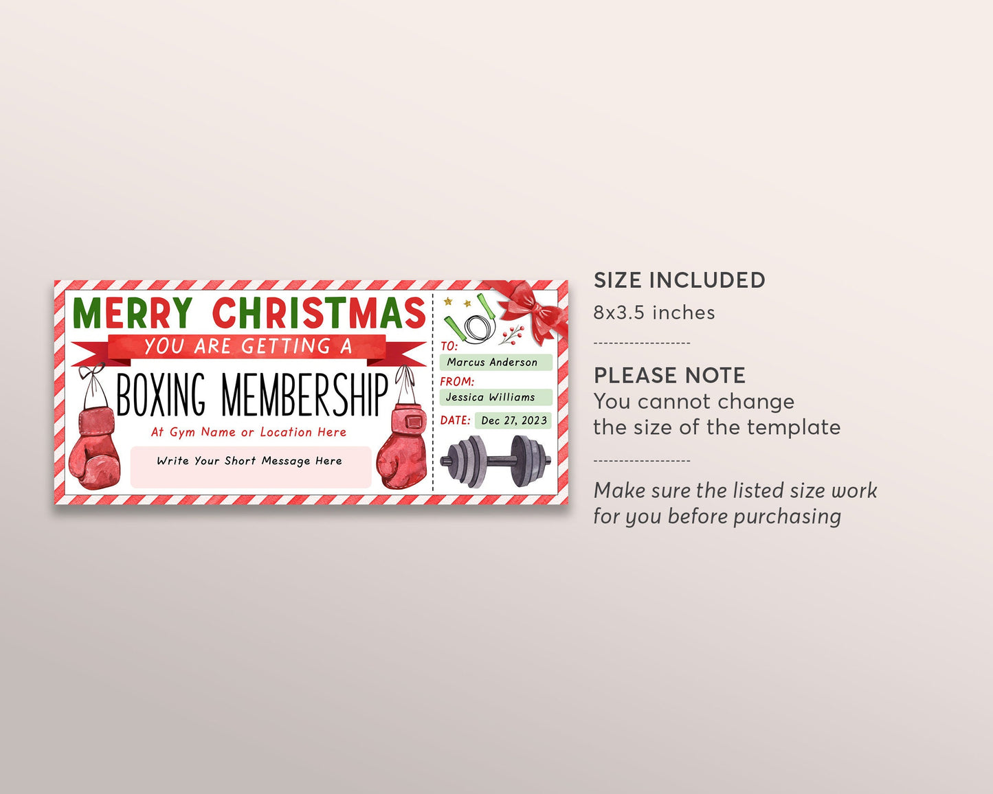 Christmas Boxing Membership Editable Template, Surprise Boxing Lessons Voucher Gift Certificate, Holiday Personal Trainer Gym Sports Class