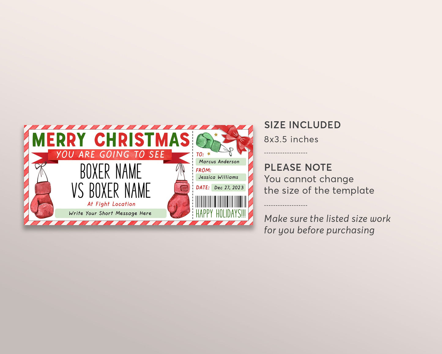 Christmas Boxing Ticket Gift Editable Template, Surprise Boxing Match Voucher Gift Certificate, Holiday Boxing Ring Stadium Sports Coupon