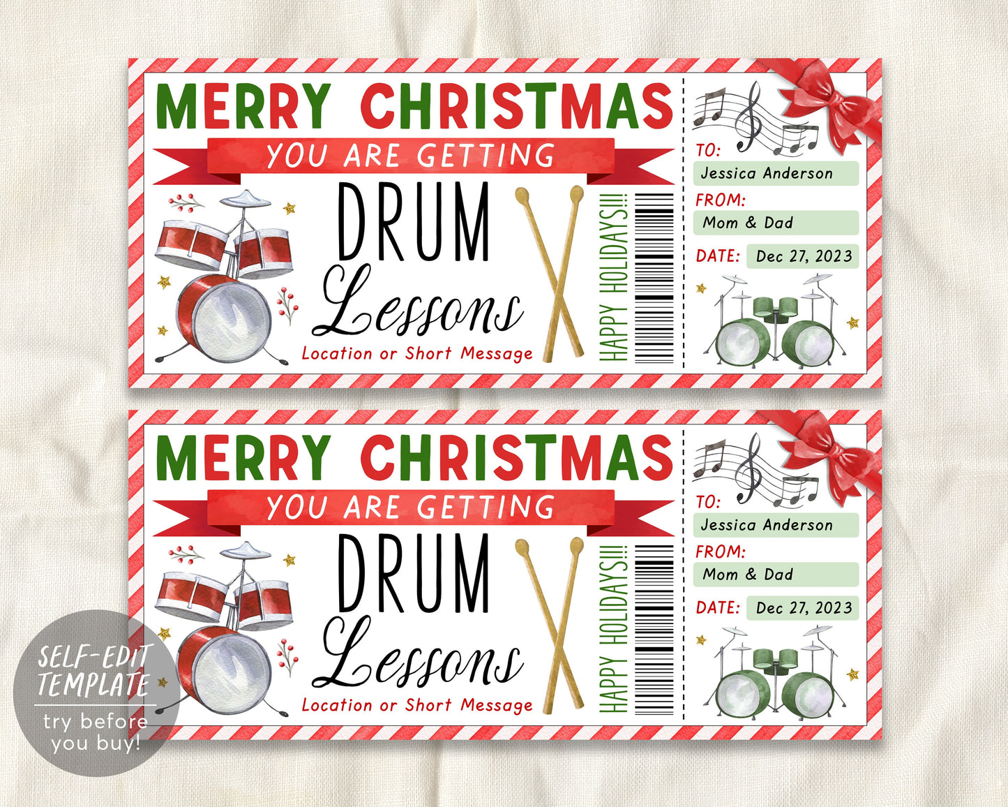 Drum Lessons Christmas Gift Certificate Editable Template