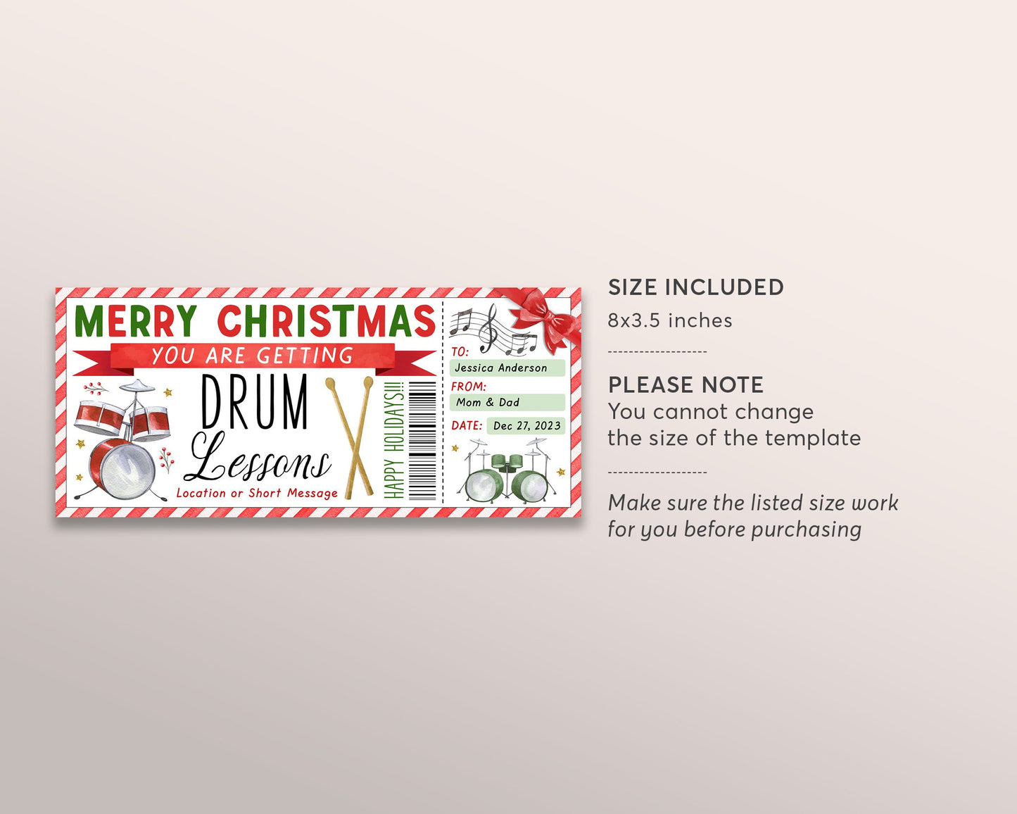 Drum Lessons Christmas Gift Certificate Editable Template, Surprise Music Drumming Class Gift Voucher, Holiday Learn to Play Drums Coupon