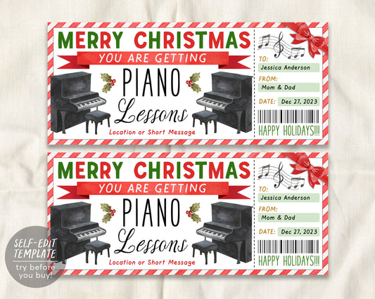 Piano Lessons Christmas Gift Certificate Editable Template