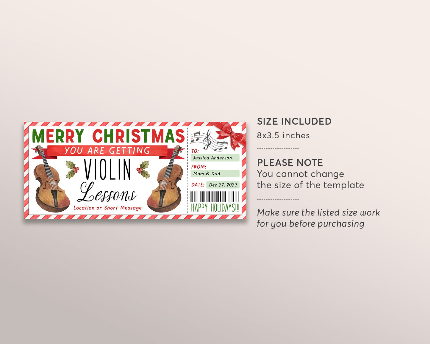 Violin Lessons Christmas Gift Certificate Editable Template, Surprise Music Violin Class Masterclass Gift Voucher Holiday Gift Reveal Coupon