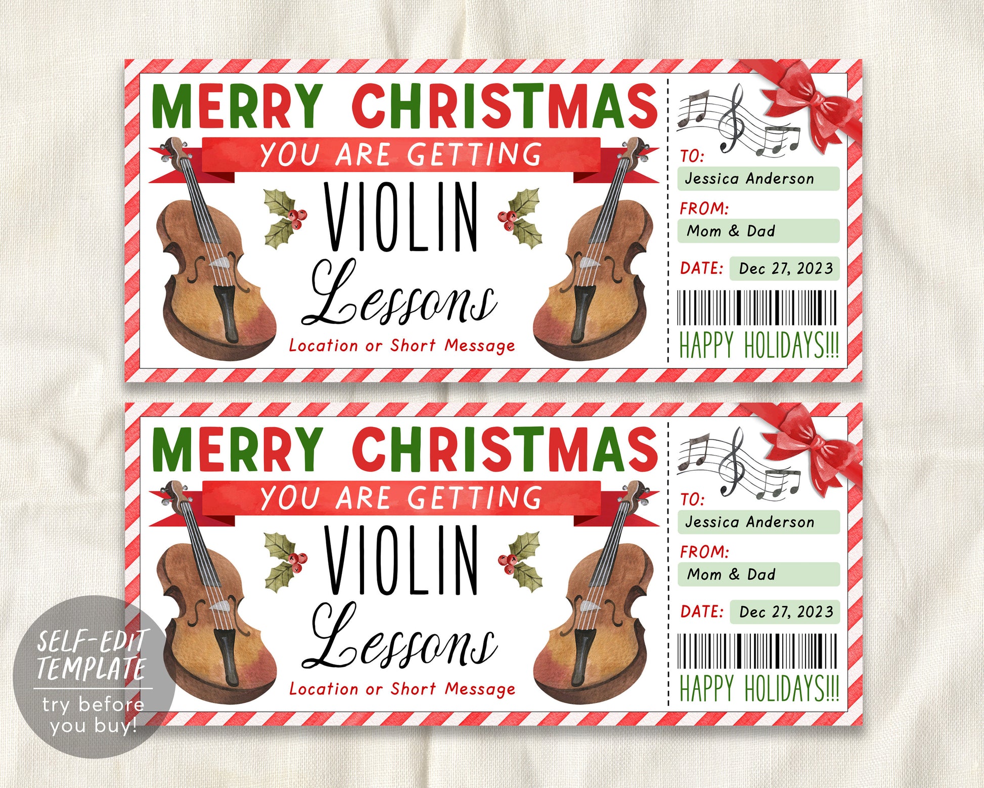 Violin Lessons Christmas Gift Certificate Editable Template