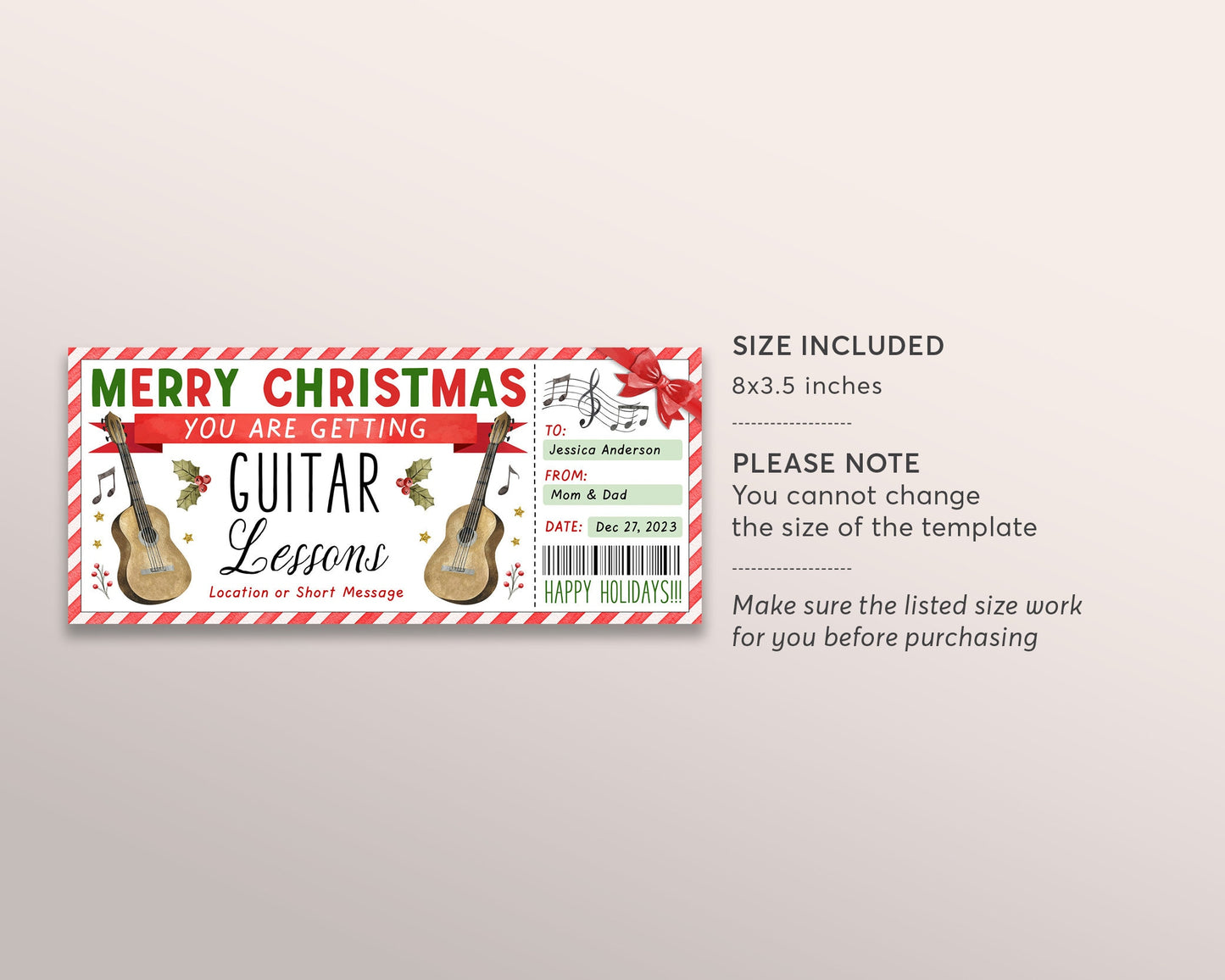 Guitar Lessons Christmas Gift Certificate Editable Template, Surprise Music Guitar Class Voucher Holiday Gift Reveal, Learn to Play Coupon