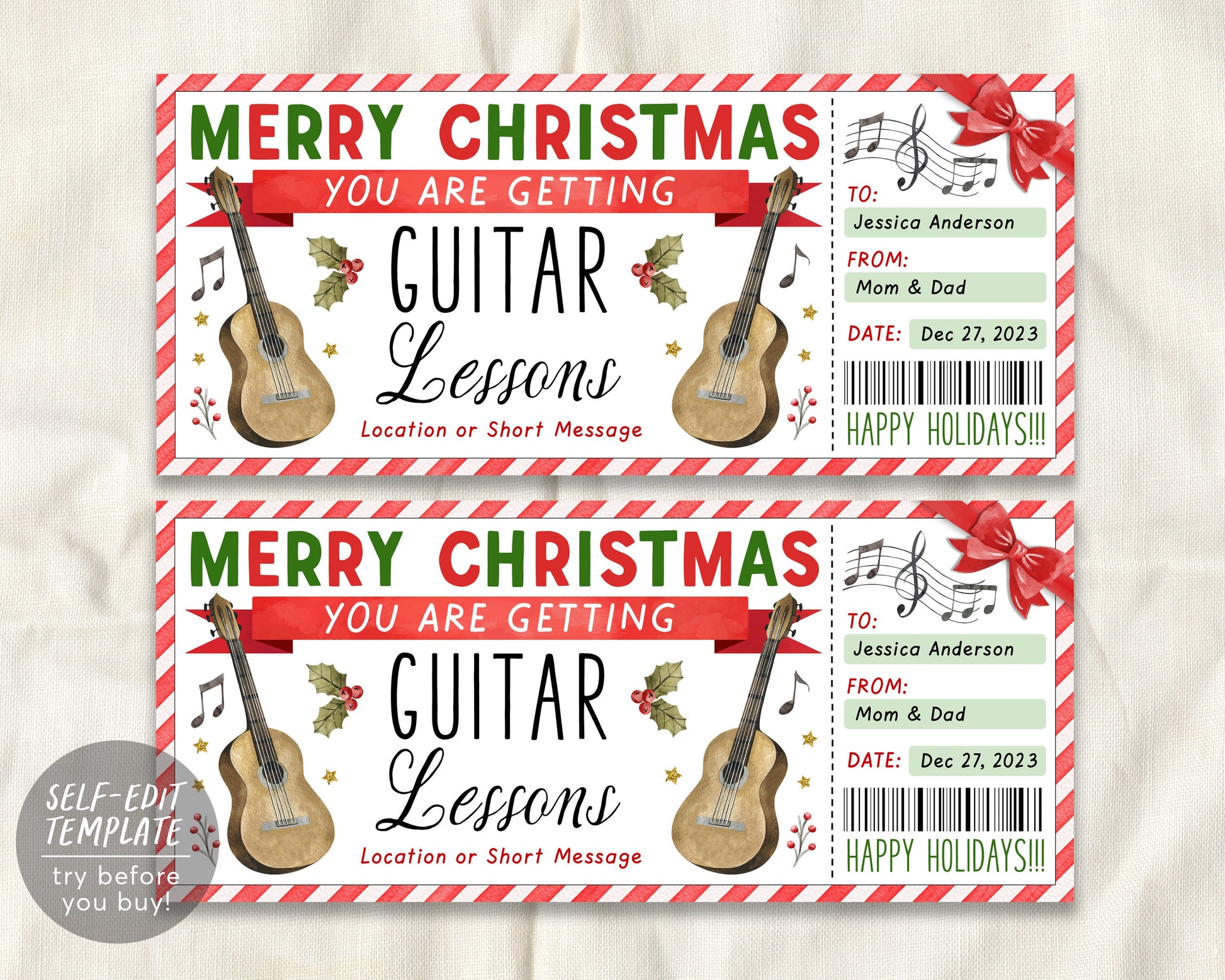 Guitar Lessons Christmas Gift Certificate Editable Template