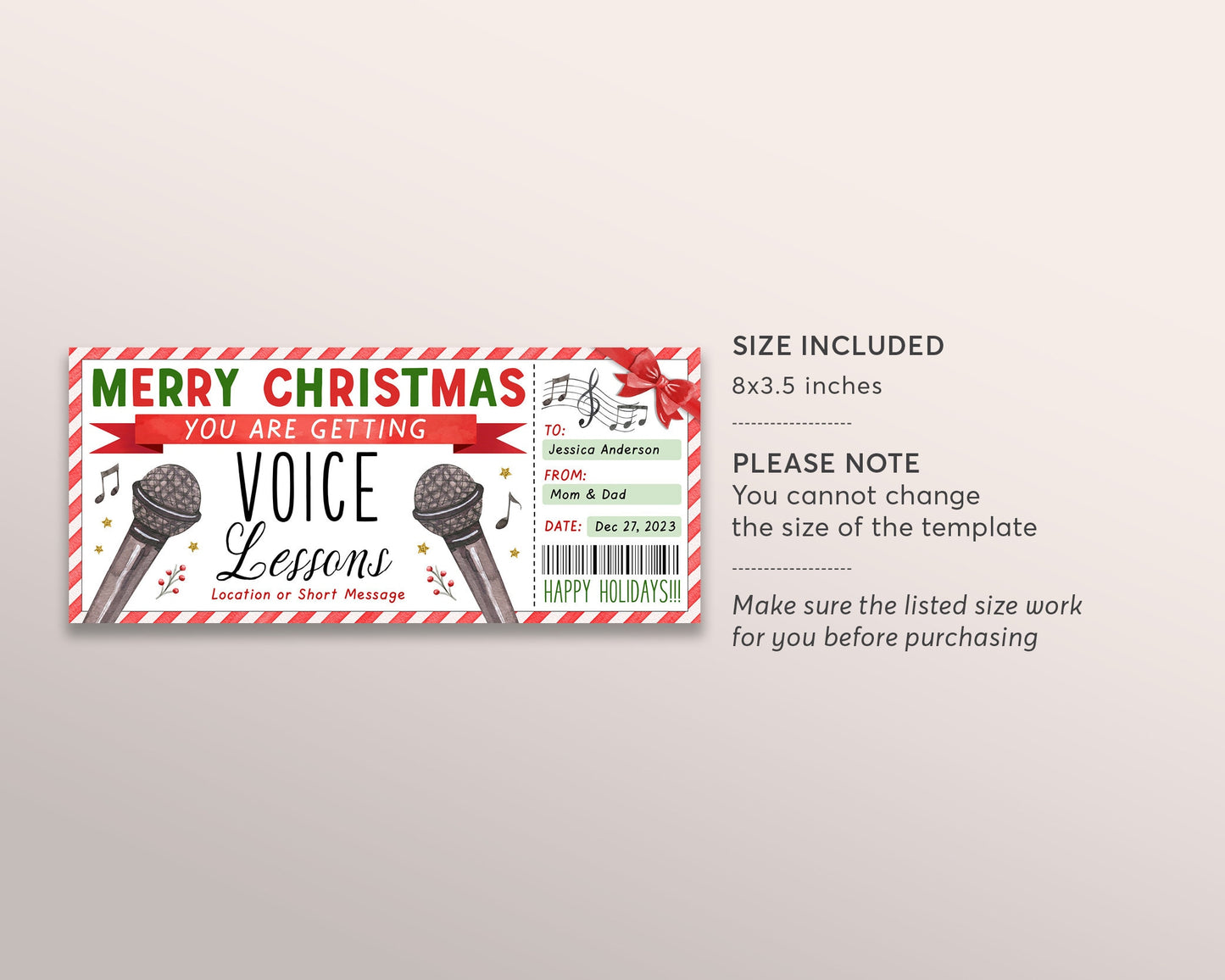 Voice Lessons Christmas Gift Certificate Editable Template, Surprise Singing Lessons Music Class Experience Voucher Holiday Reveal Coupon