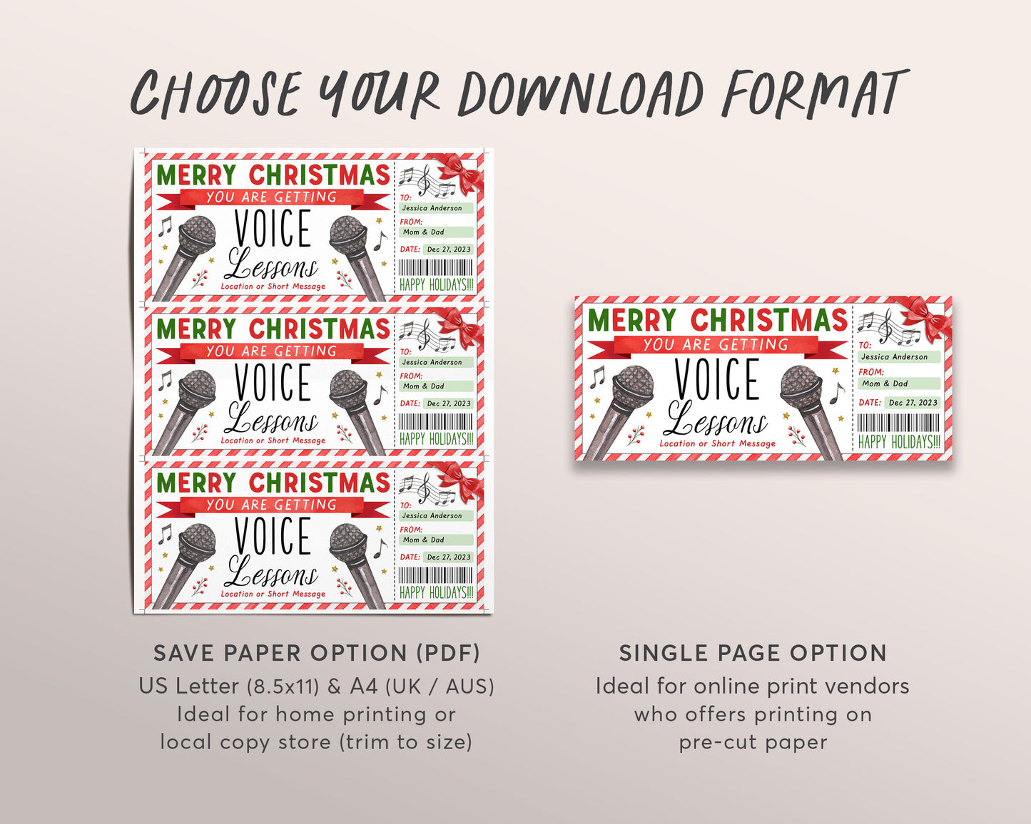 Voice Lessons Christmas Gift Certificate Editable Template, Surprise Singing Lessons Music Class Experience Voucher Holiday Reveal Coupon