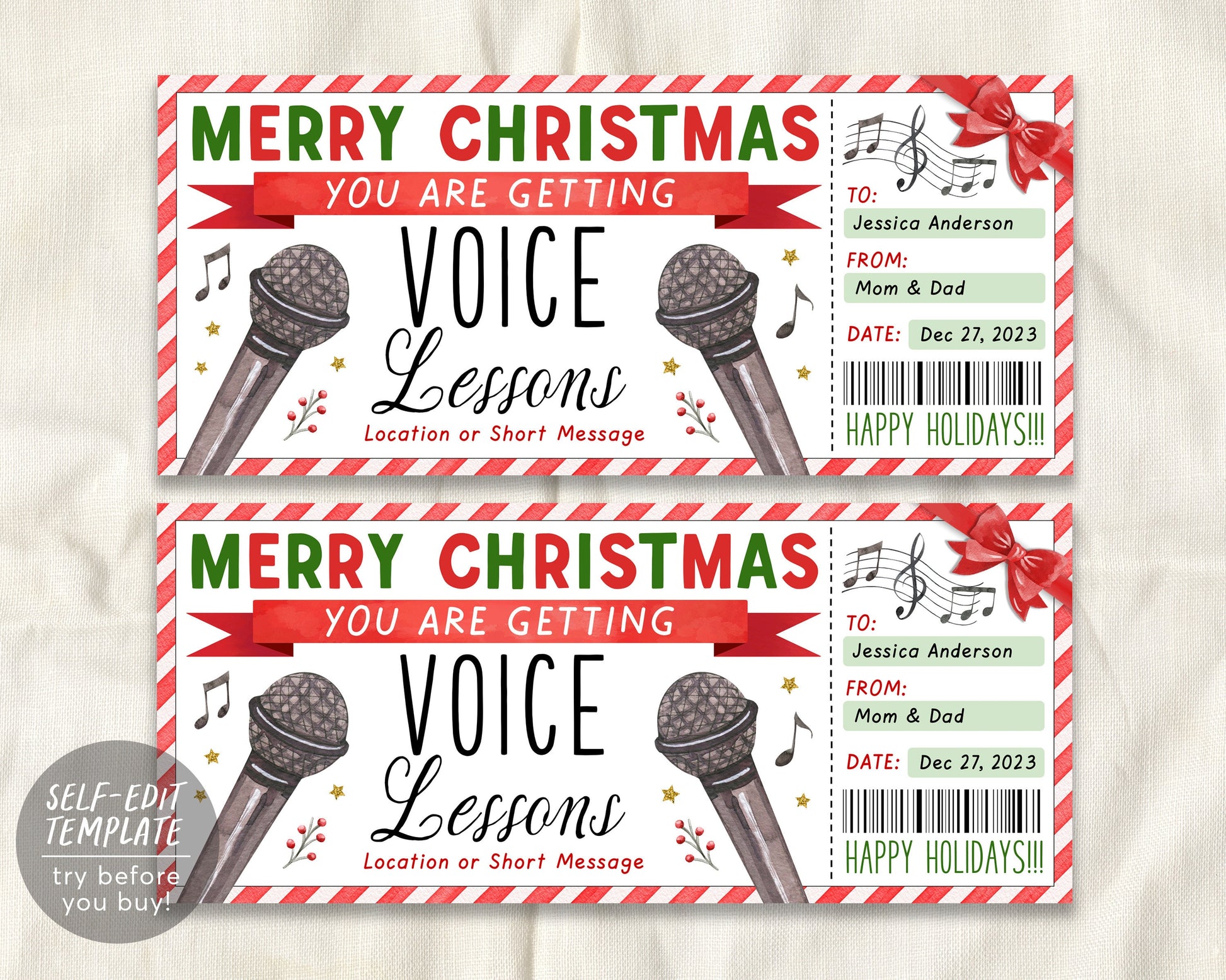 Voice Lessons Christmas Gift Certificate Editable Template