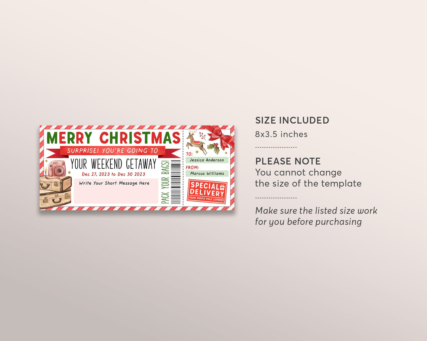 Christmas Weekend Getaway Voucher Editable Template, Surprise Vacation Travel Ticket Gift Certificate Pack Your Bags Holiday Trip Staycation