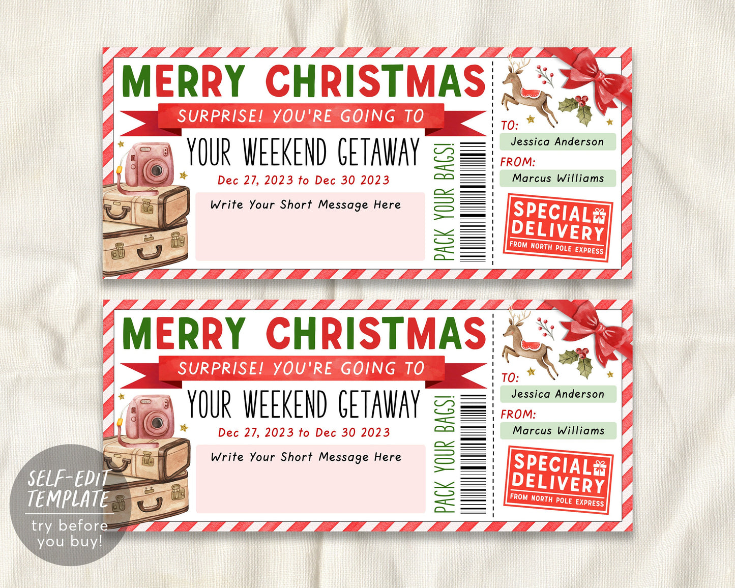 Christmas Weekend Getaway Voucher Editable Template