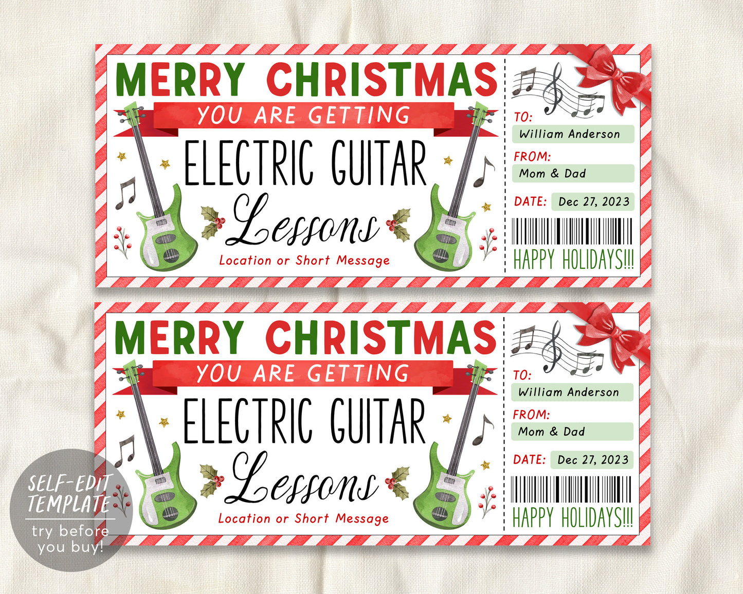 Electric Guitar Lessons Christmas Gift Certificate Editable Template