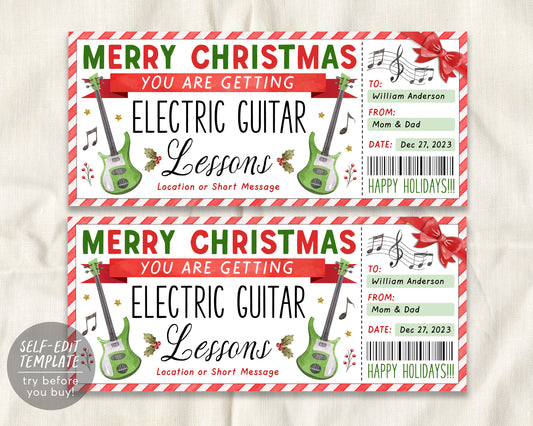 Electric Guitar Lessons Christmas Gift Certificate Editable Template