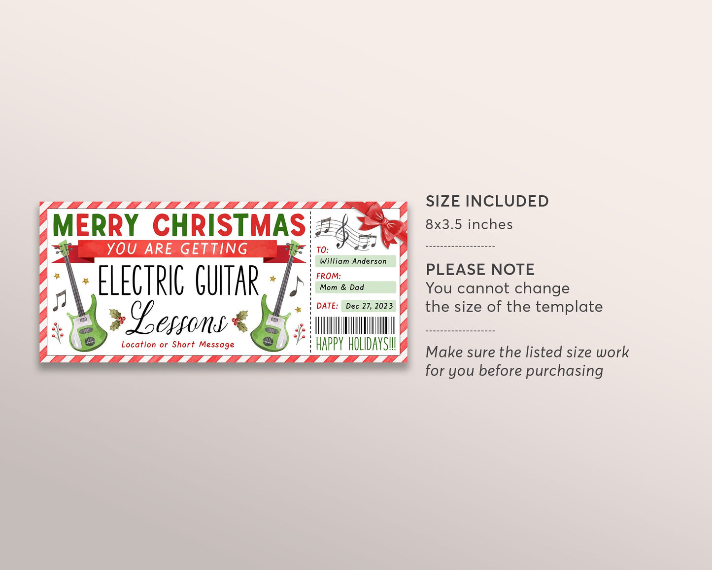 Electric Guitar Lessons Christmas Gift Certificate Editable Template, Surprise Rock Music Guitar Class Voucher Holiday Gift Reveal Coupon