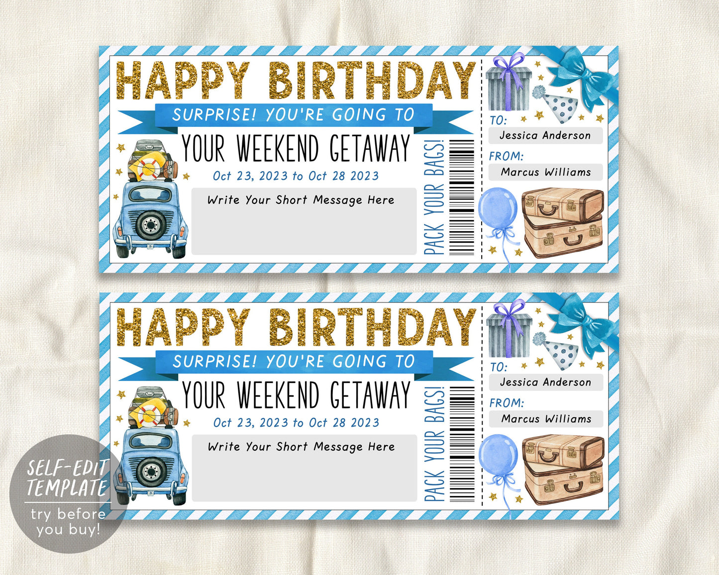 Surprise Weekend Getaway Voucher Editable Template