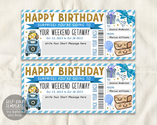 Weekend Away Voucher Template Gift Certificate Ticket Card - Printable  Birthday Trip, Getaway, Pack Your Bags, Hotel Stay - INSTANT DOWNLOAD