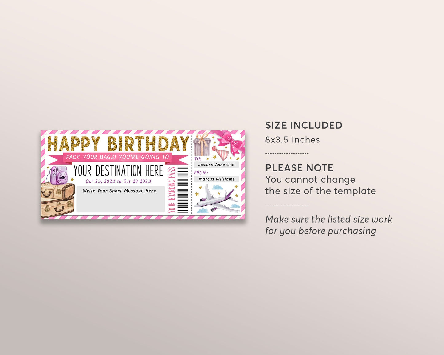 Surprise Trip Boarding Pass Plane Ticket Editable Template, Birthday Vacation Travel Ticket Gift For Her, Holiday Reveal Flight Destination