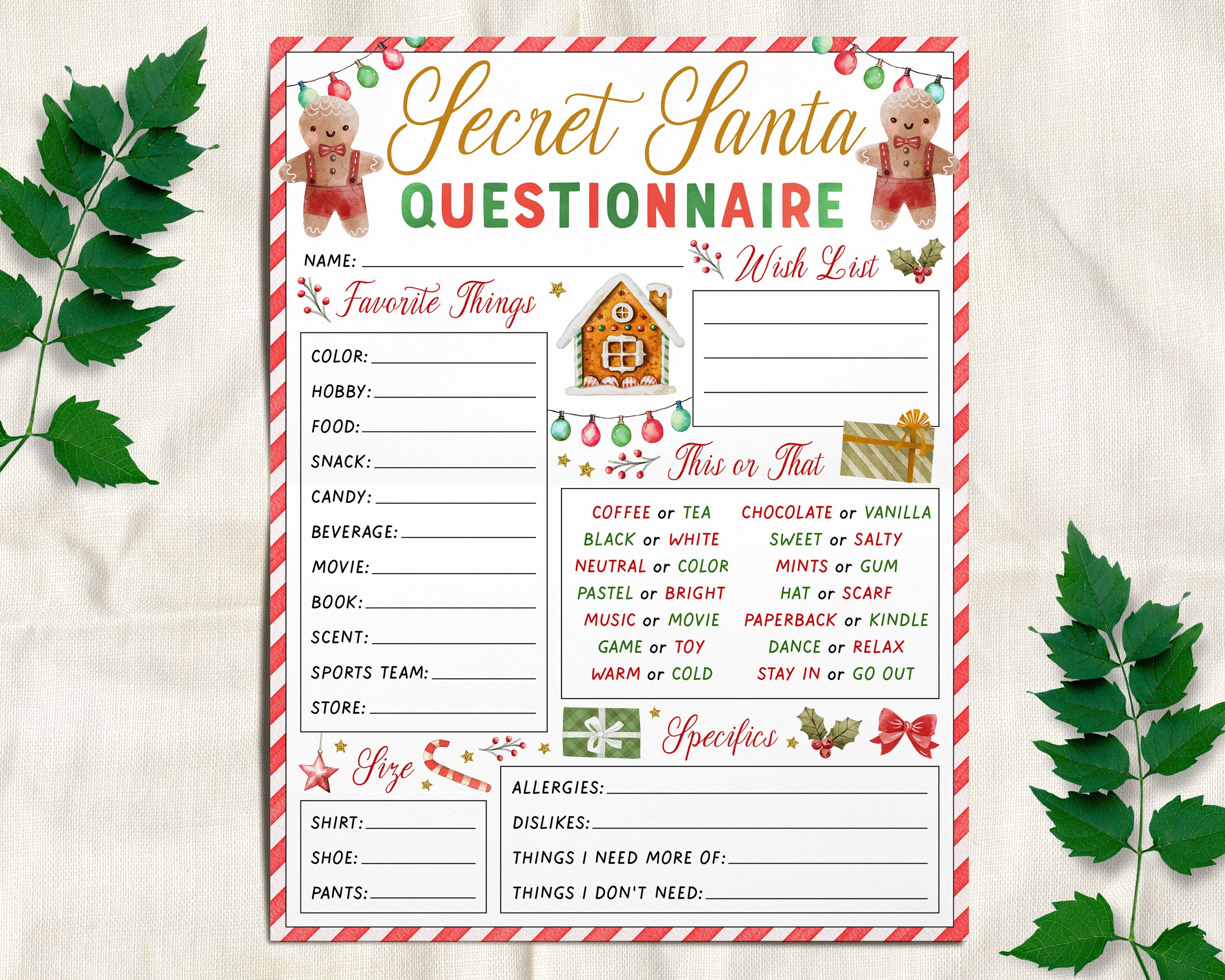 secret santa gift exchange questionnaire editable template, holiday  gingerbread cookie christmas form present swap wishlist printable
