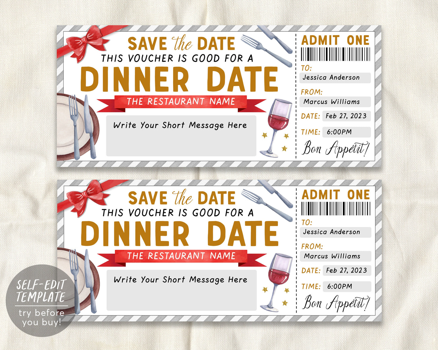 Dinner Date Gift Coupon Editable Template