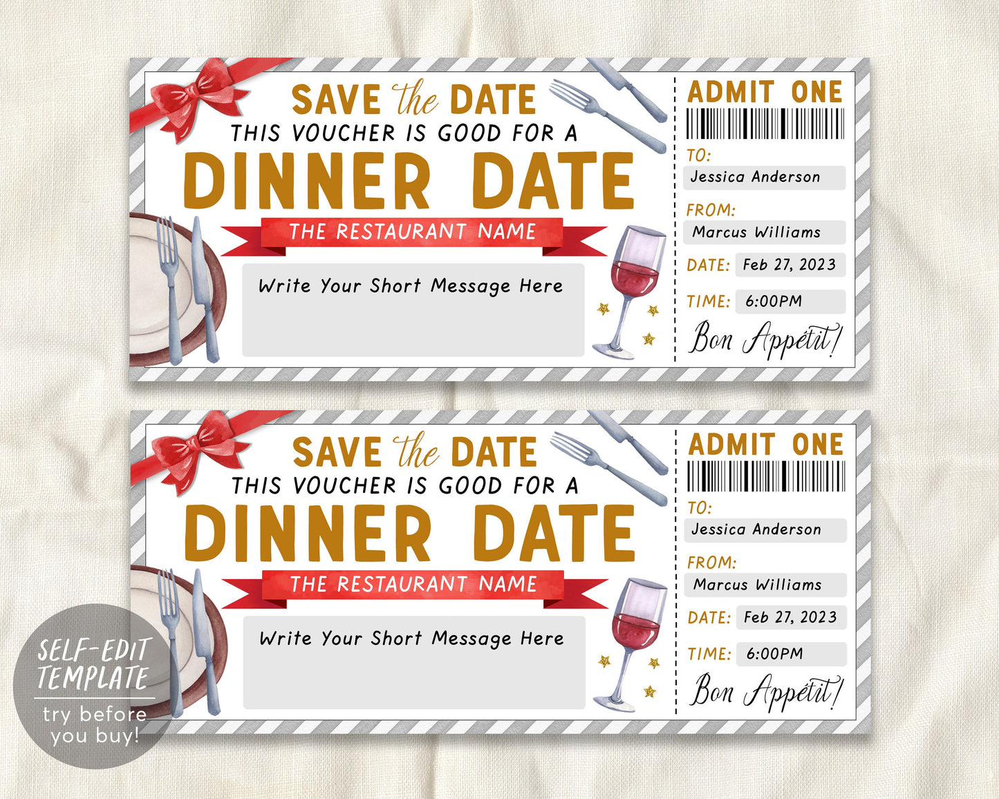 Dinner Date Gift Coupon Editable Template, Restaurant Gift Voucher Sur