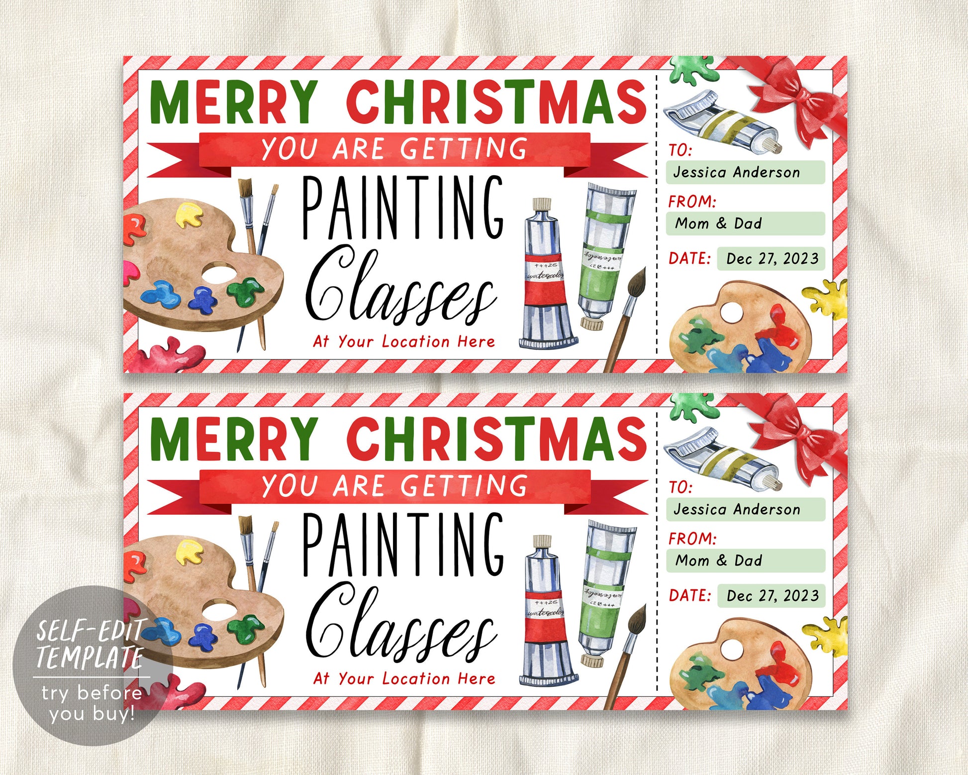 Painting Class Christmas Gift Certificate Ticket Editable Template