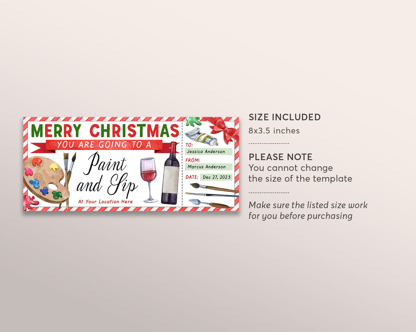 Paint And Sip Class Christmas Gift Certificate Ticket Editable Template, Surprise Painting Experience Art Lessons Date Night Voucher Wine