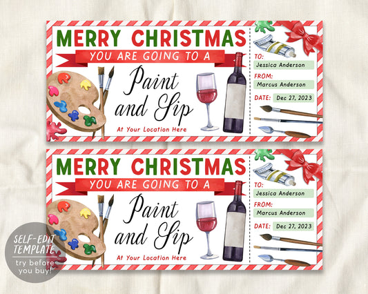 Paint And Sip Ticket Class Christmas Gift Certificate Ticket Editable Template