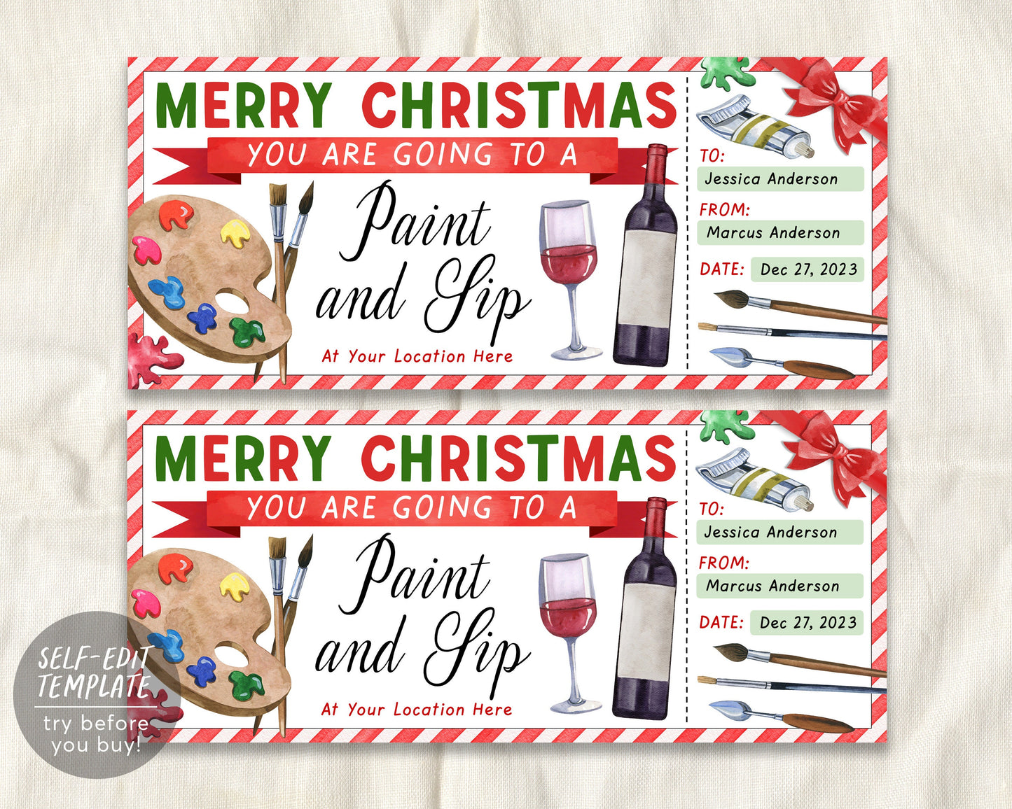 Paint And Sip Ticket Class Christmas Gift Certificate Ticket Editable Template