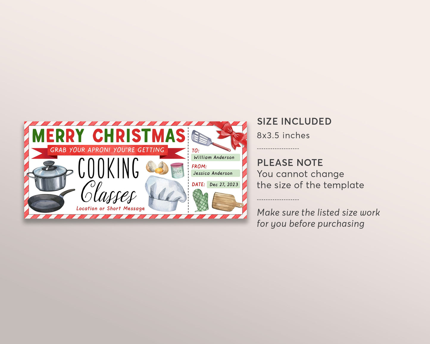 Cooking Classes Christmas Gift Certificate Ticket Editable Template, Surprise Cooking Lessons Course Experience, Food Lovers Gift Voucher