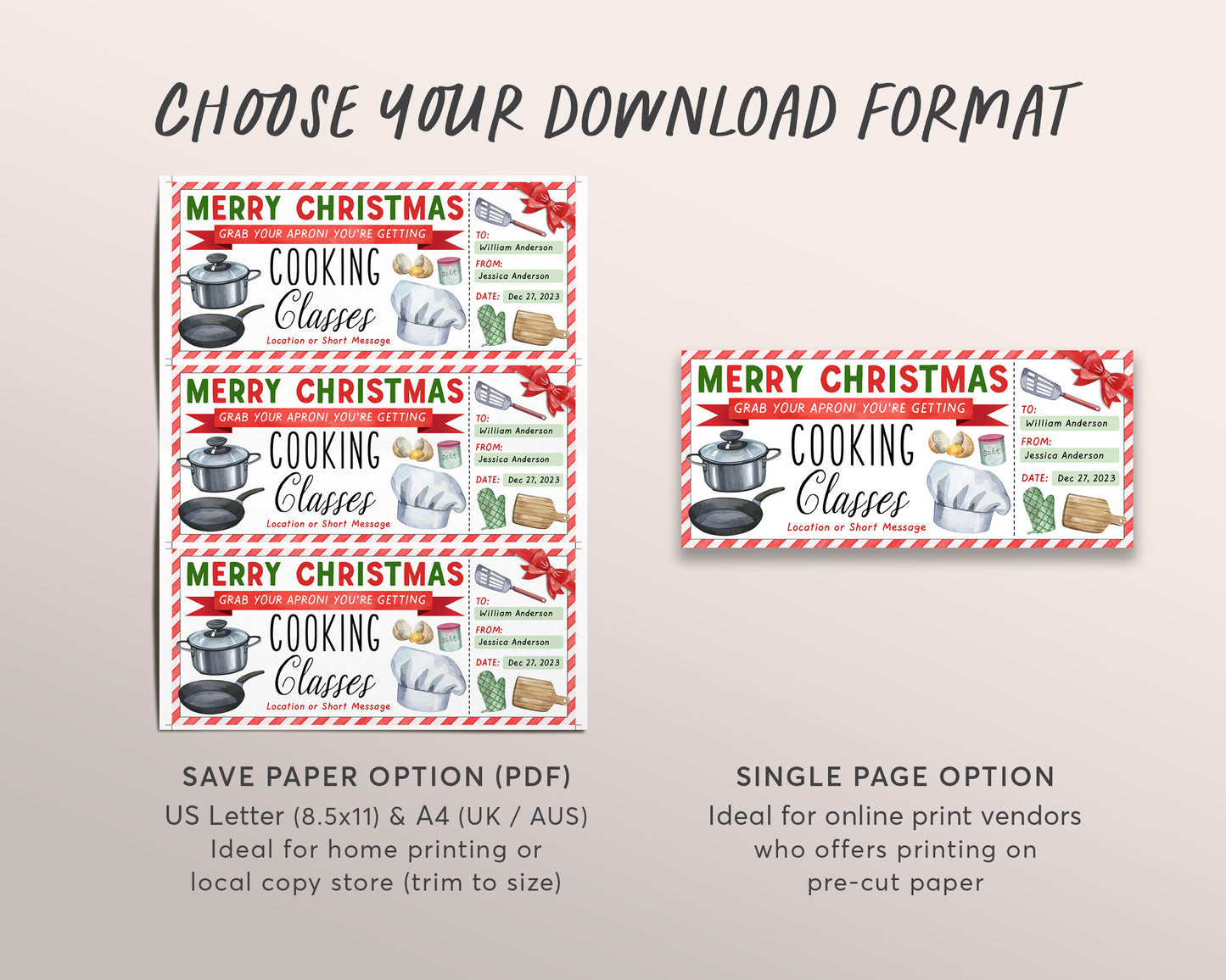 Cooking Classes Christmas Gift Certificate Ticket Editable Template, Surprise Cooking Lessons Course Experience, Food Lovers Gift Voucher