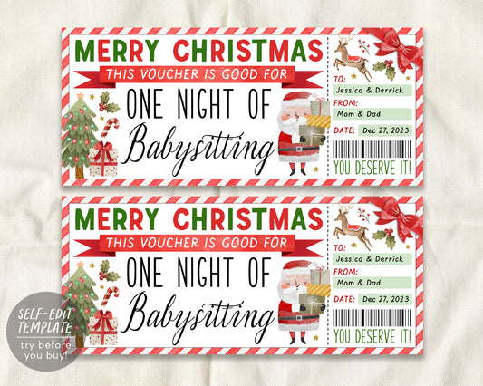 Christmas Babysitting Gift Coupon Editable Template