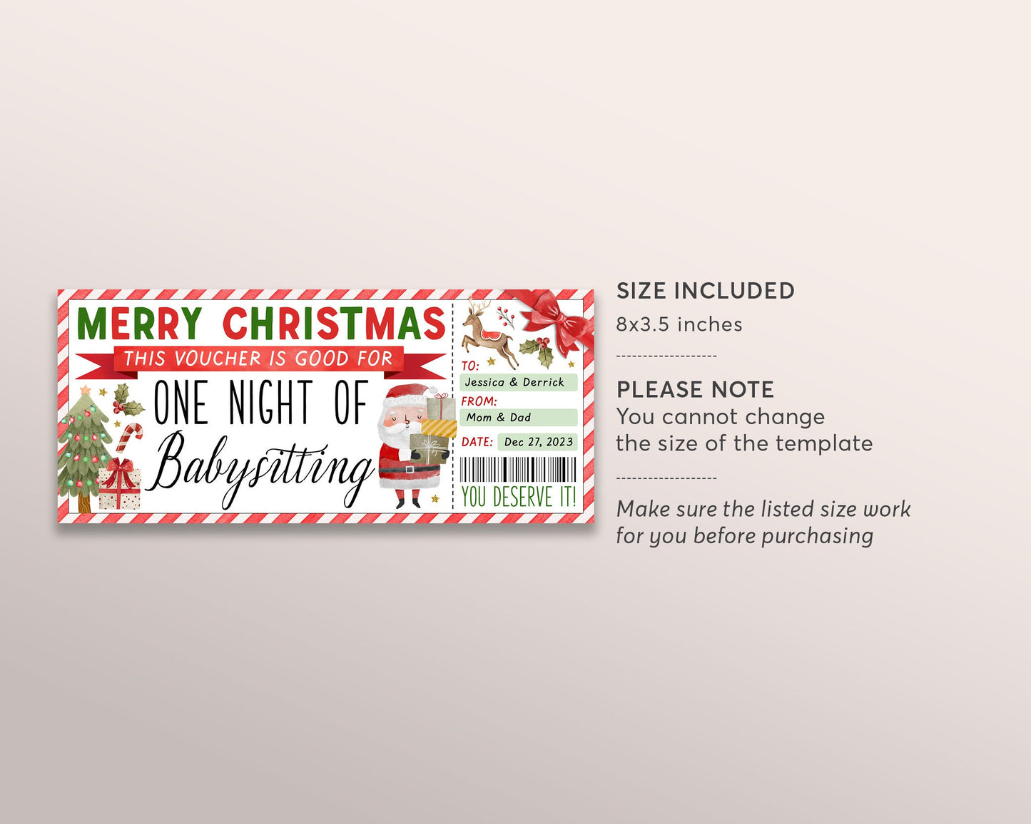Christmas Babysitting Gift Coupon Editable Template, Babysitter Gift Ticket Voucher, Surprise New Mom Certificate Gift Card Printable