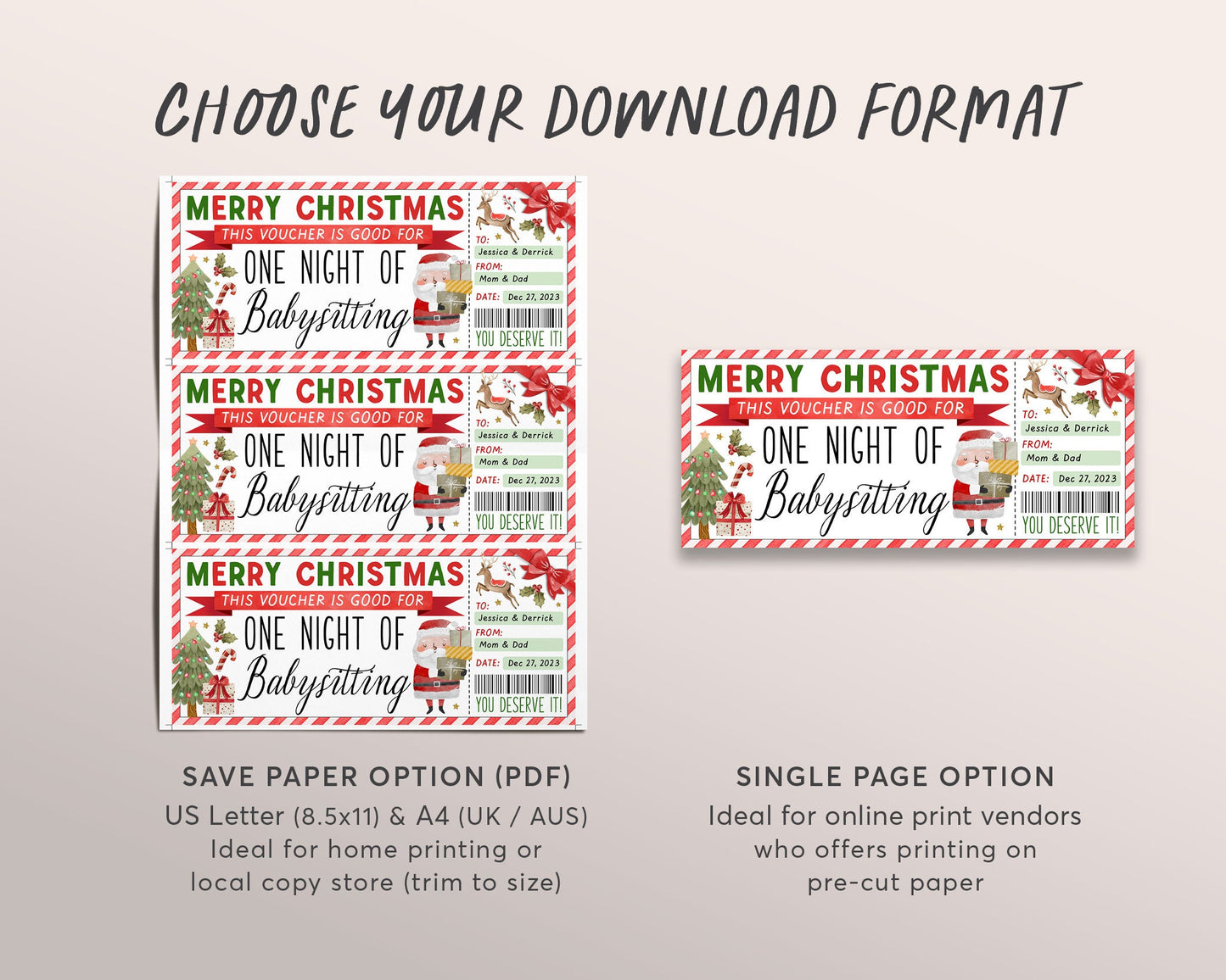 Christmas Babysitting Gift Coupon Editable Template, Babysitter Gift Ticket Voucher, Surprise New Mom Certificate Gift Card Printable