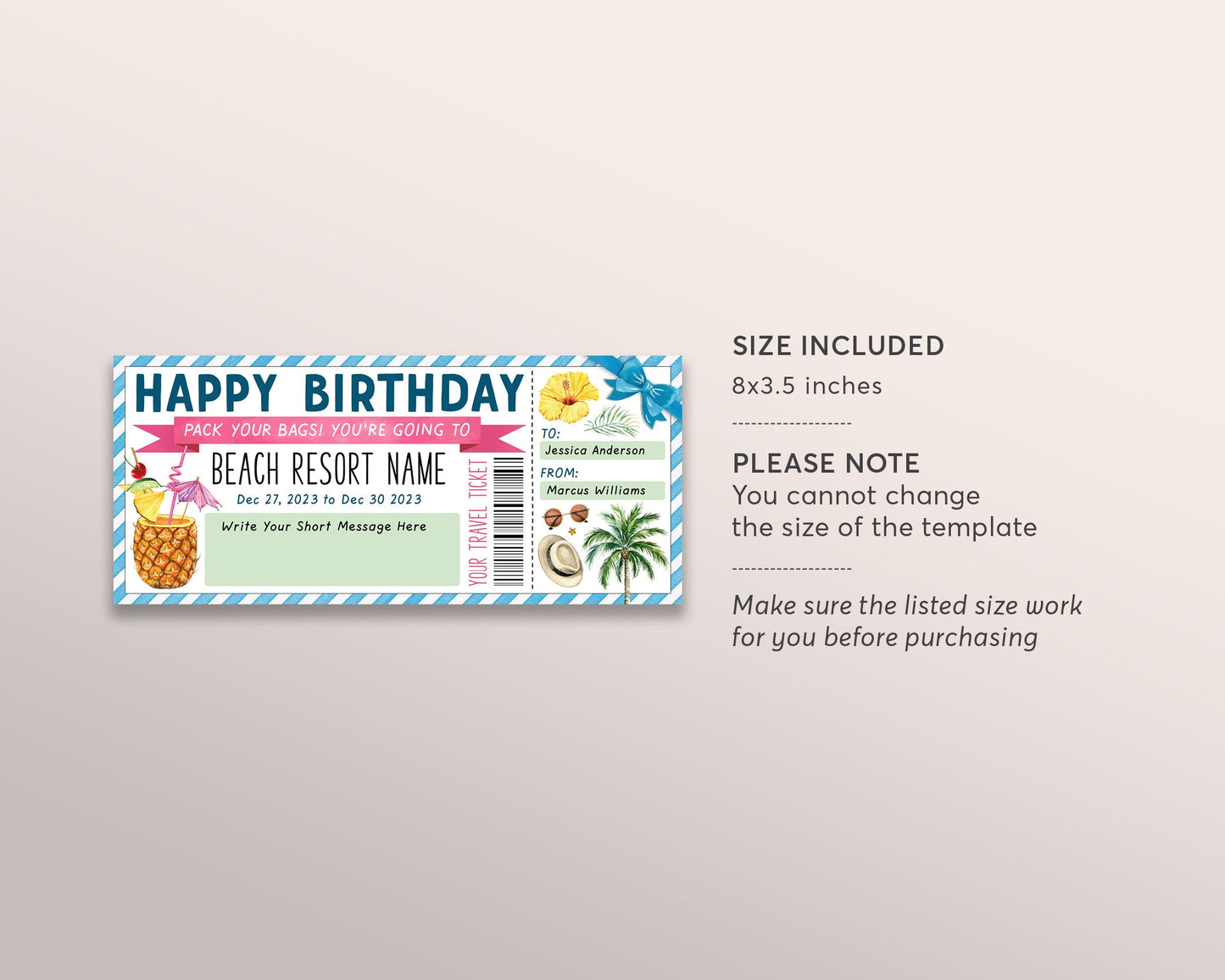 Beach Resort Vacation Travel Ticket Editable Template, Birthday Surprise Trip Reveal Idea, Tropical Beach Weekend Getaway Ticket to Paradise