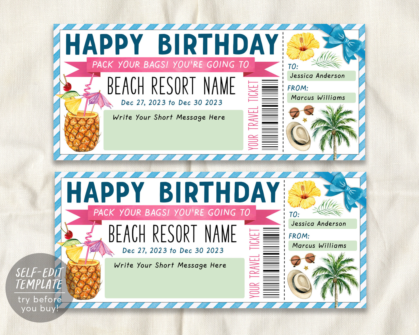 Beach Resort Vacation Travel Ticket Editable Template