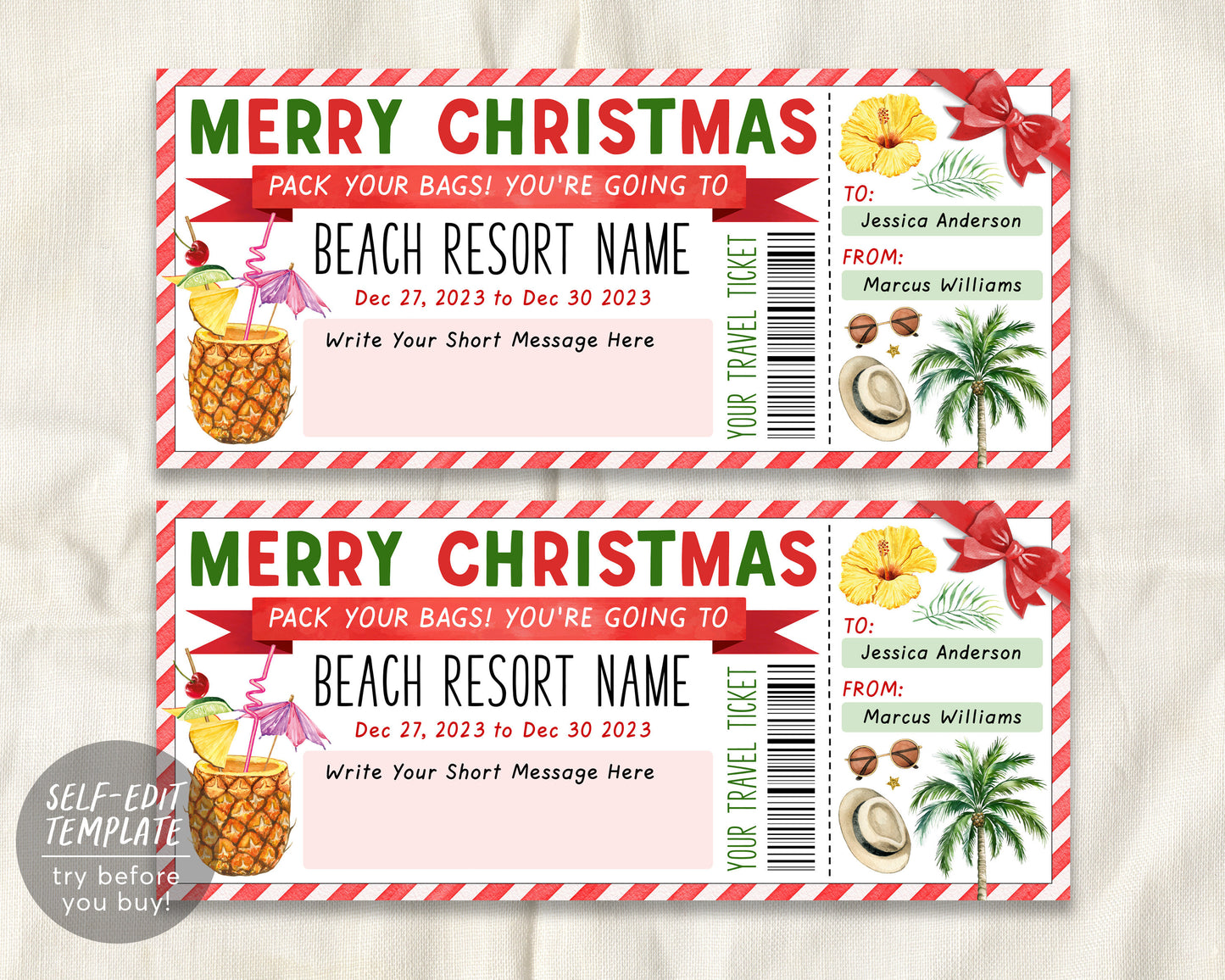 Beach Resort Vacation Travel Ticket Editable Template, Christmas Surprise Trip Reveal, Tropical Beach Weekend Getaway Ticket to Paradise DIY