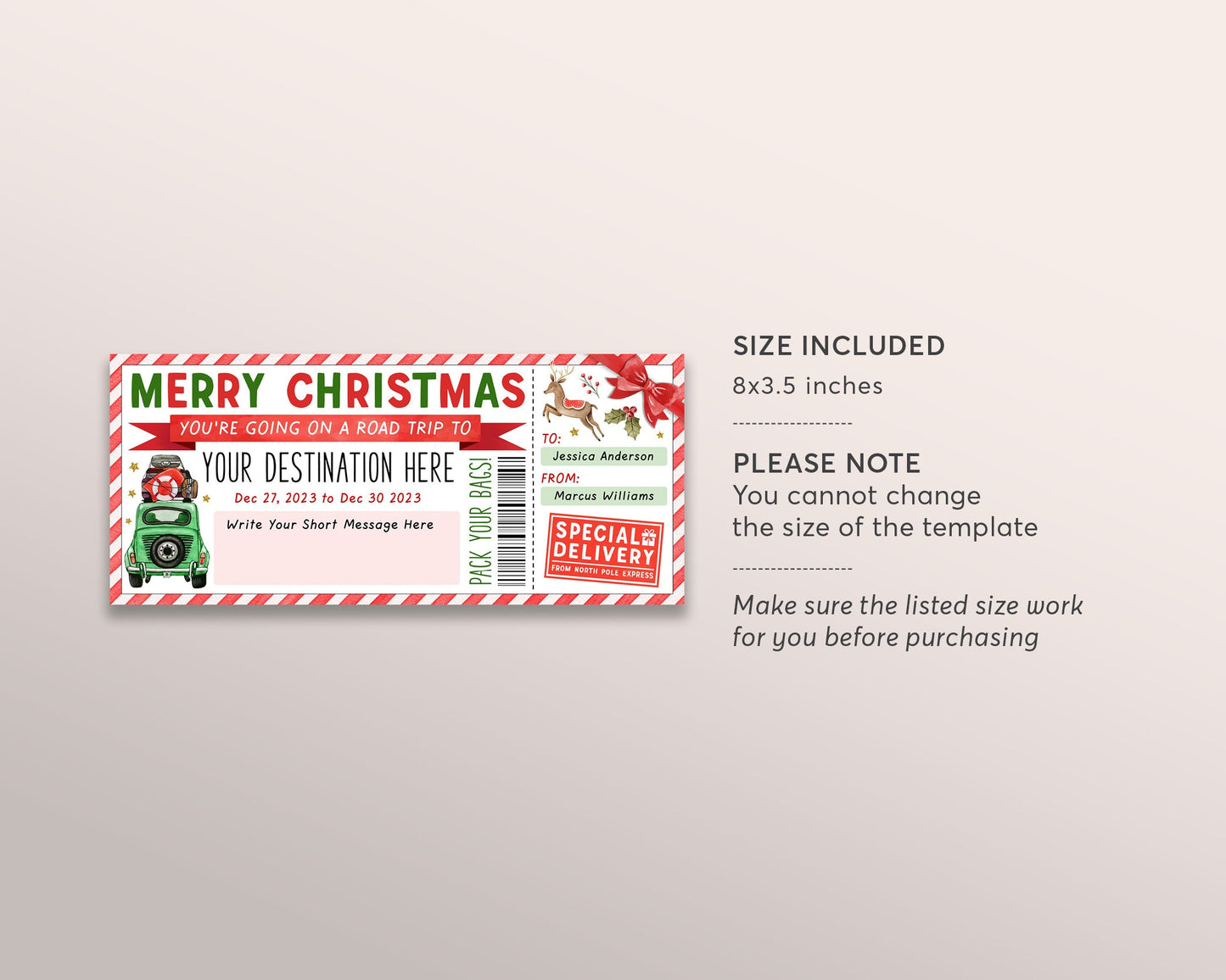 Christmas Road Trip Ticket Voucher Editable Template, Surprise Weekend Getaway Vacation Gift Certificate Pack Your Bags Holiday Staycation