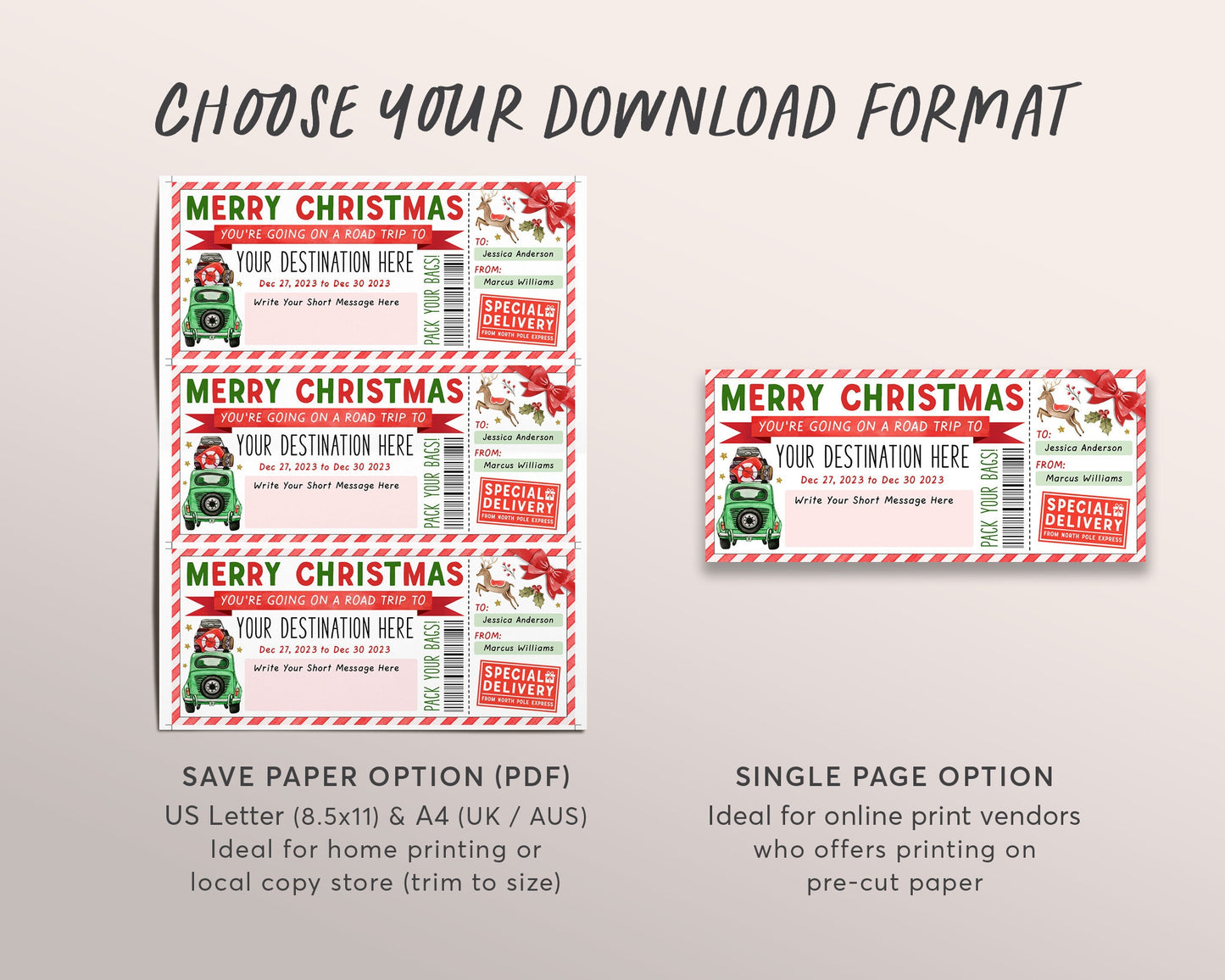 Christmas Road Trip Ticket Voucher Editable Template, Surprise Weekend Getaway Vacation Gift Certificate Pack Your Bags Holiday Staycation