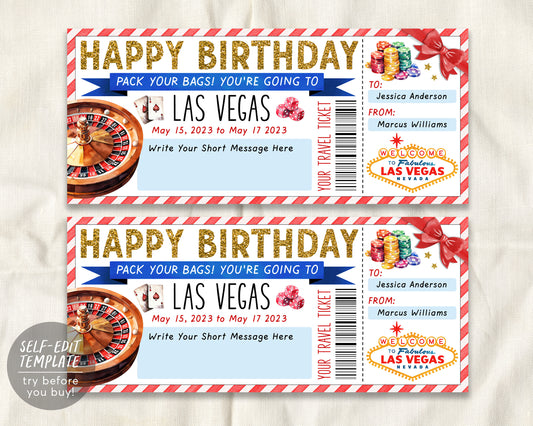 Las Vegas Trip Ticket Editable Template, Birthday Anniversary Surprise Travel Vacation Gift Certificate, Nevada Trip Reveal Boarding Pass