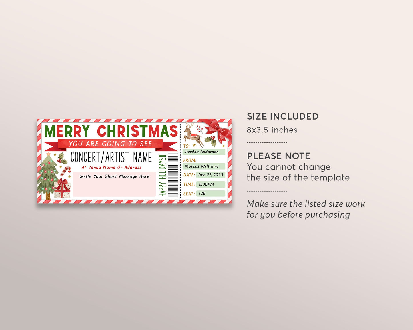 Christmas Concert Ticket Christmas Gift Voucher Editable Template, Surprise Gift Certificate Music Show Artist Ticket Holiday Printable DIY