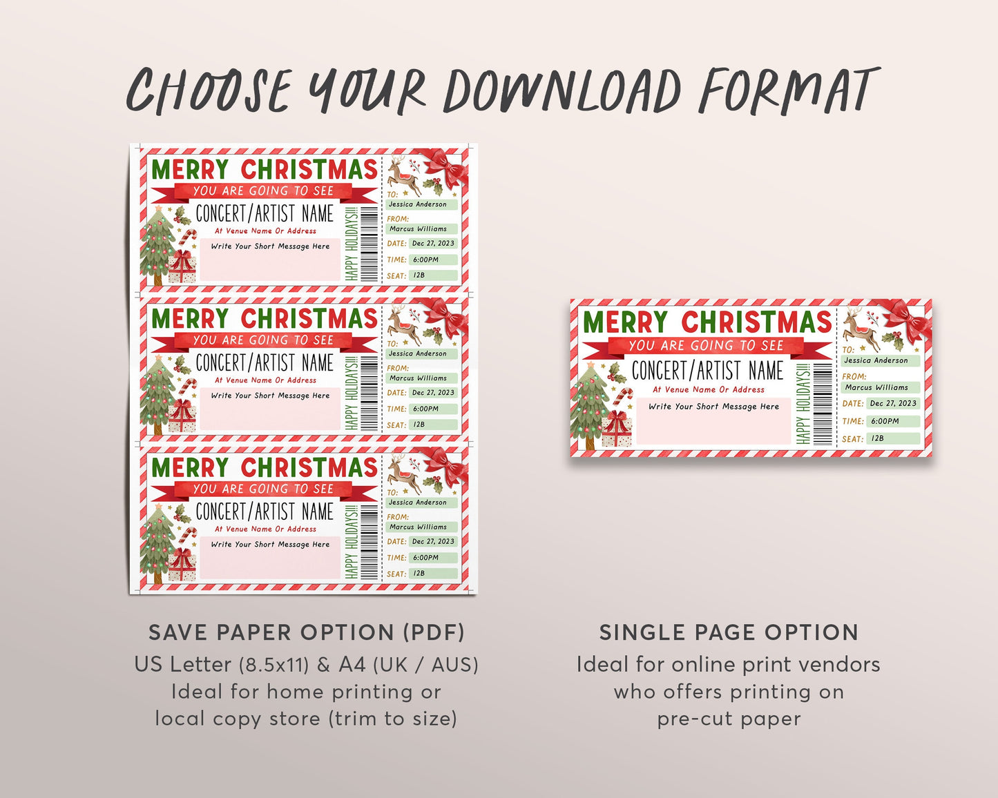 Christmas Concert Ticket Christmas Gift Voucher Editable Template, Surprise Gift Certificate Music Show Artist Ticket Holiday Printable DIY