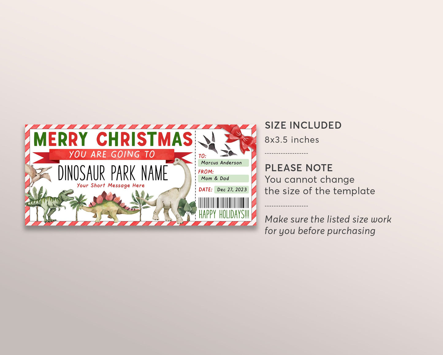 Dinosaur Park Ticket Editable Template, Surprise Dinosaur Museum Membership Gift Voucher For Kids, Theme Park Day Trip Gift Certificate